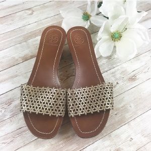 Floral metallic leather wedge sandal size 8